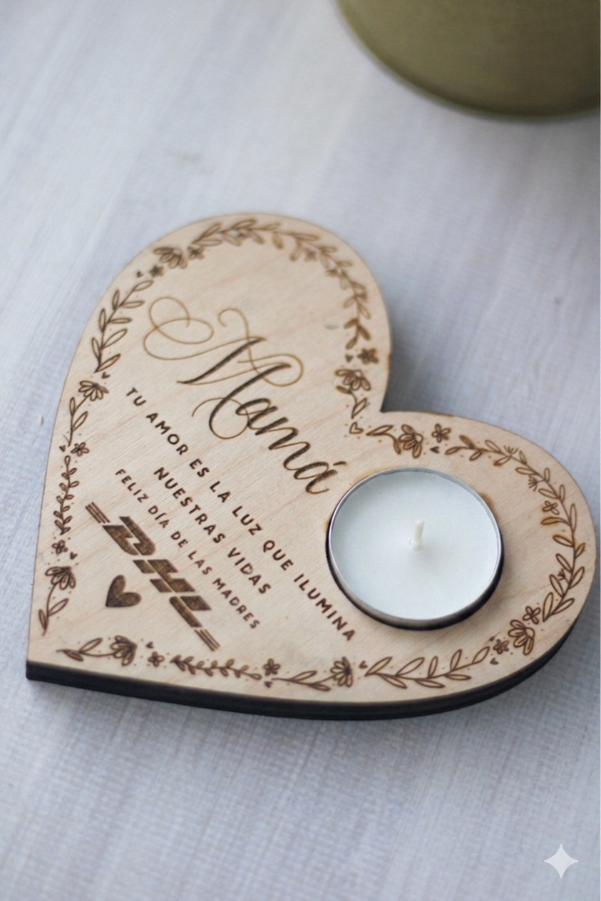 Corazón de Madera Portavela — Mamá