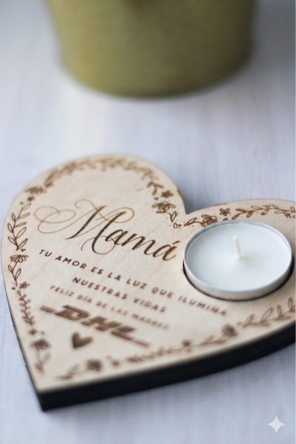 Corazón de Madera Portavela — Mamá