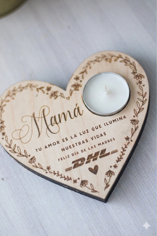 Corazón de Madera Portavela — Mamá