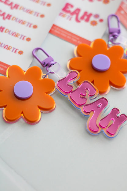 BACK TO SCHOOL Deluxe Set Flower Power - tag escolar personalizado retro con charm de flor naranja - LL Studio