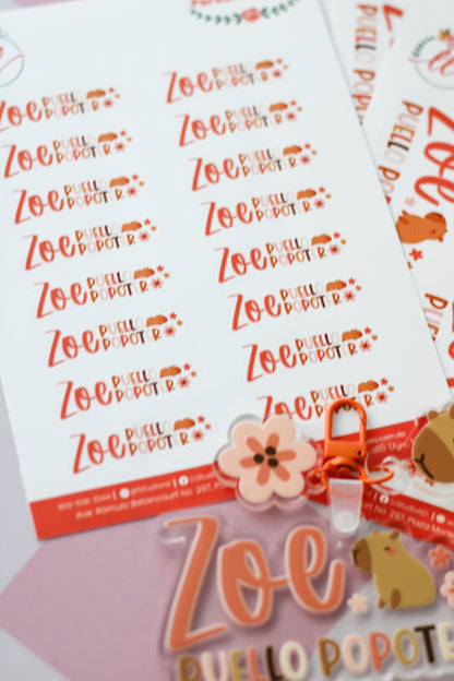 BACK TO SCHOOL Set Peachy Capy - tag escolar personalizado con capibara y flores - LL Studio