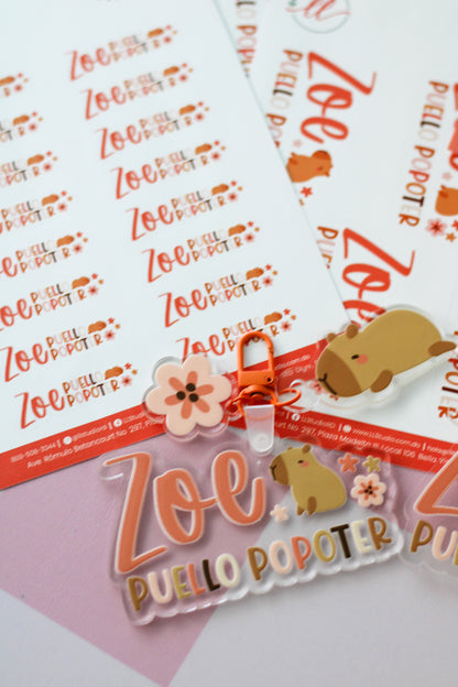 BACK TO SCHOOL Set Peachy Capy - tag escolar personalizado con capibara y flores - LL Studio