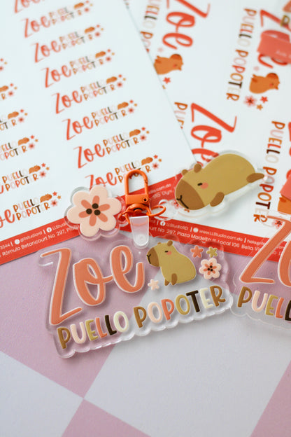 BACK TO SCHOOL Set Peachy Capy - tag escolar personalizado con capibara y flores - LL Studio