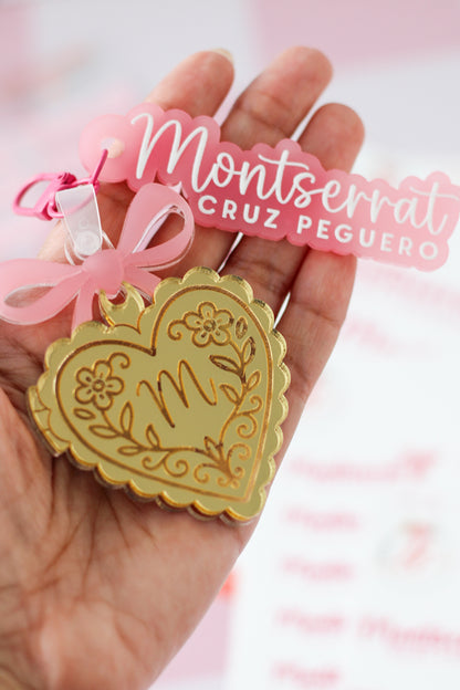 BACK TO SCHOOL Deluxe Set Coquette - tag escolar personalizado con charm de corazon dorado - LL Studio