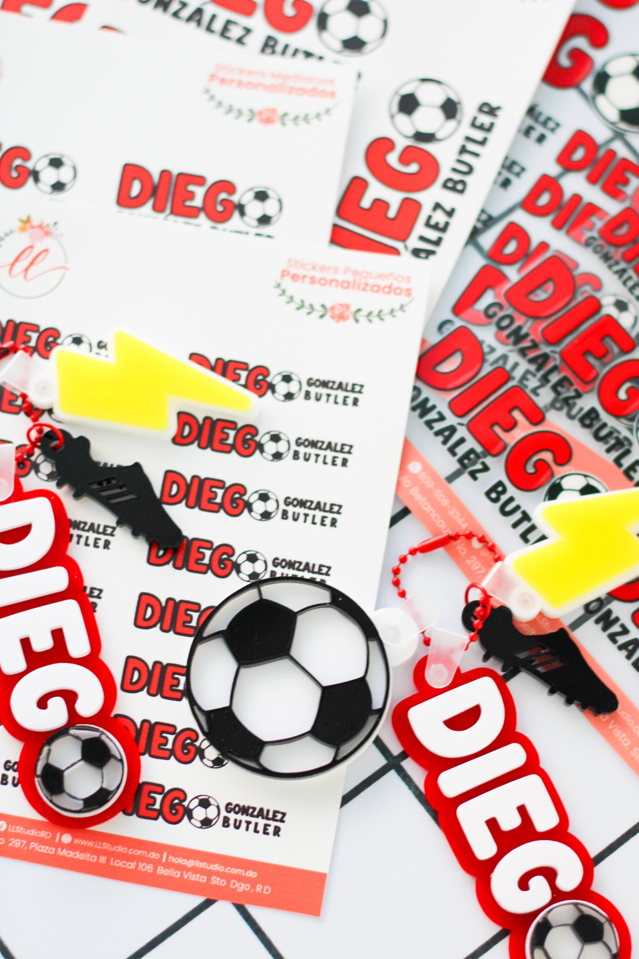 BACK TO SCHOOL Deluxe Set Full Kit - tag escolar rojo personalizado con charms de futbol - LL Studio