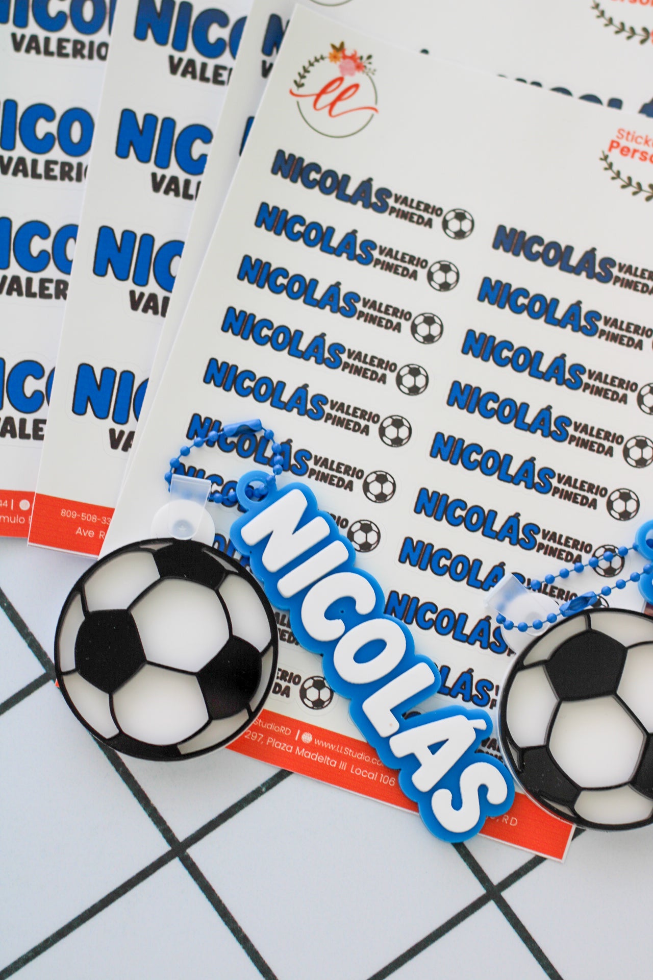 BACK TO SCHOOL Deluxe Set Golazo - tag escolar personalizado azul con charm de balon de futbol - LL Studio