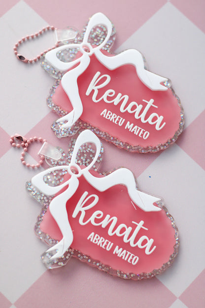 BACK TO SCHOOL Deluxe Set Coral Ribbon - tag escolar personalizado rosa coral con lazo blanco y glitter - LL Studio