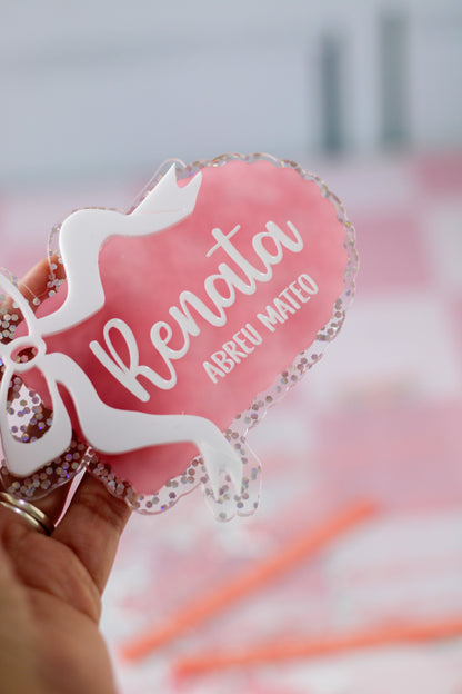 BACK TO SCHOOL Deluxe Set Coral Ribbon - tag escolar personalizado rosa coral con lazo blanco y glitter - LL Studio