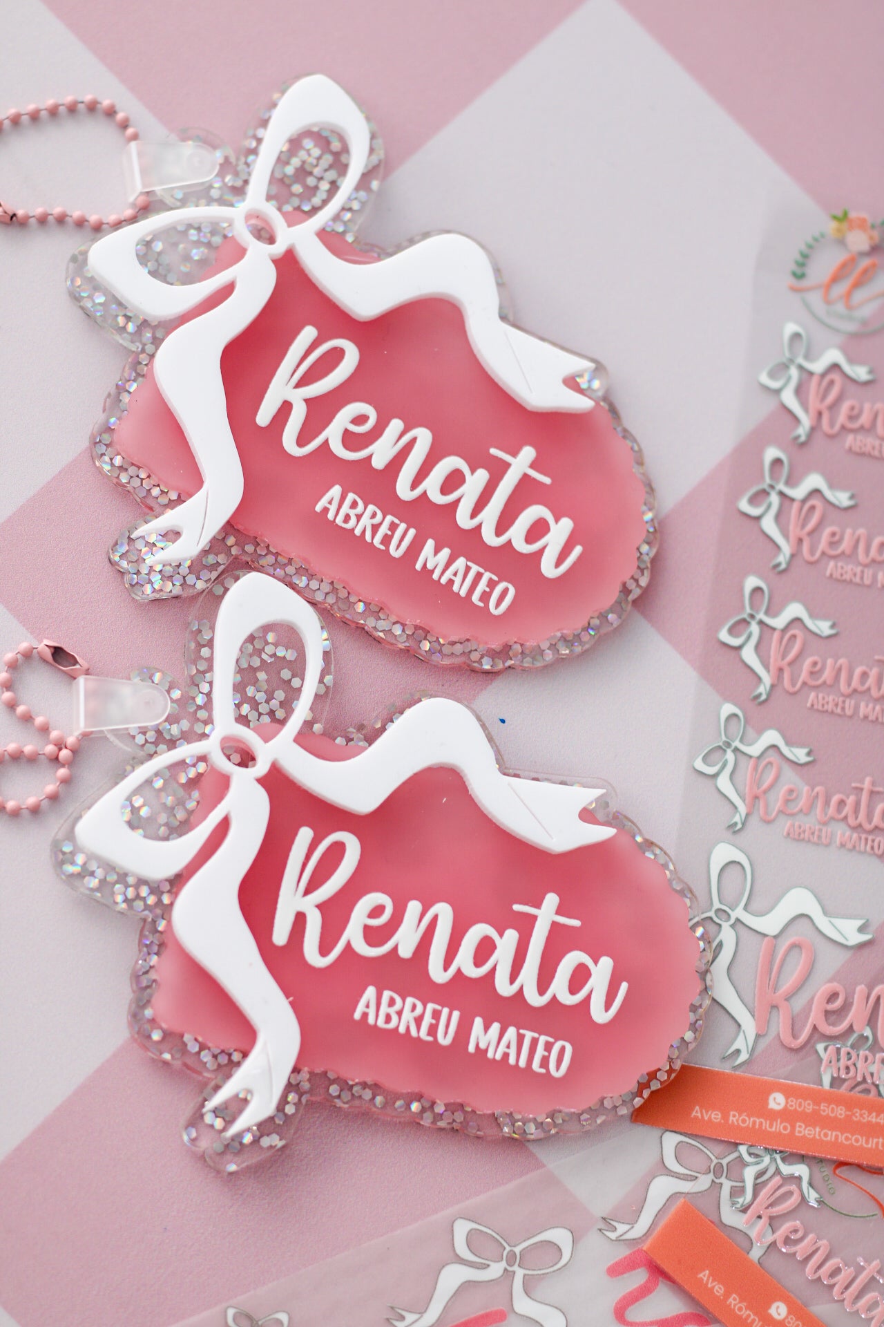 BACK TO SCHOOL Deluxe Set Coral Ribbon - tag escolar personalizado rosa coral con lazo blanco y glitter - LL Studio