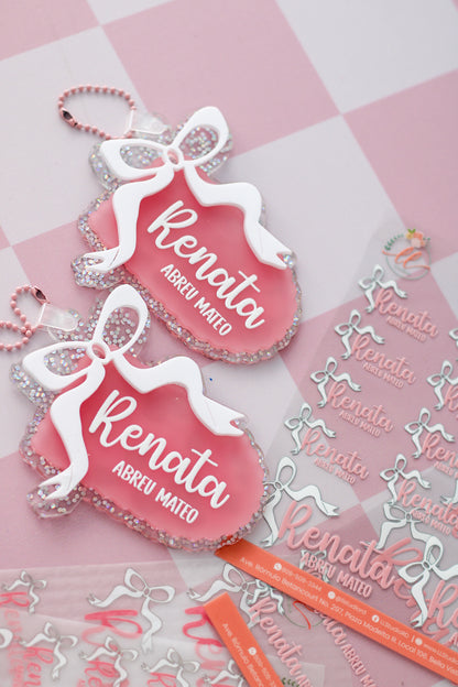 BACK TO SCHOOL Deluxe Set Coral Ribbon - tag escolar personalizado rosa coral con lazo blanco y glitter - LL Studio