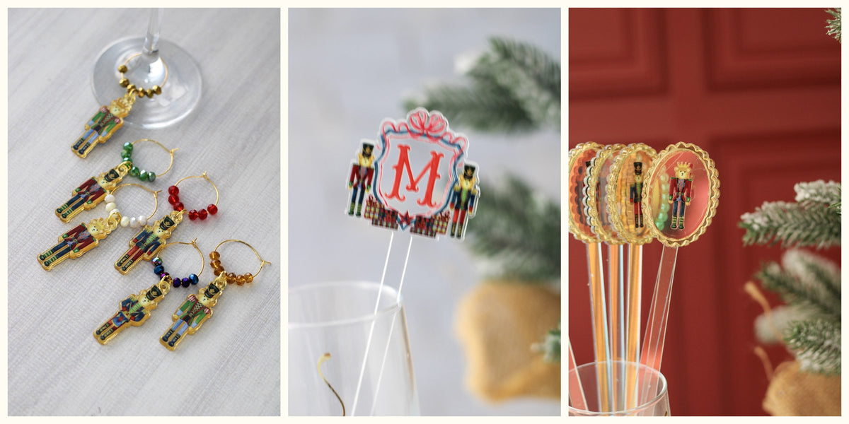 Marca copas y removedores navideños personalizados para la mesa