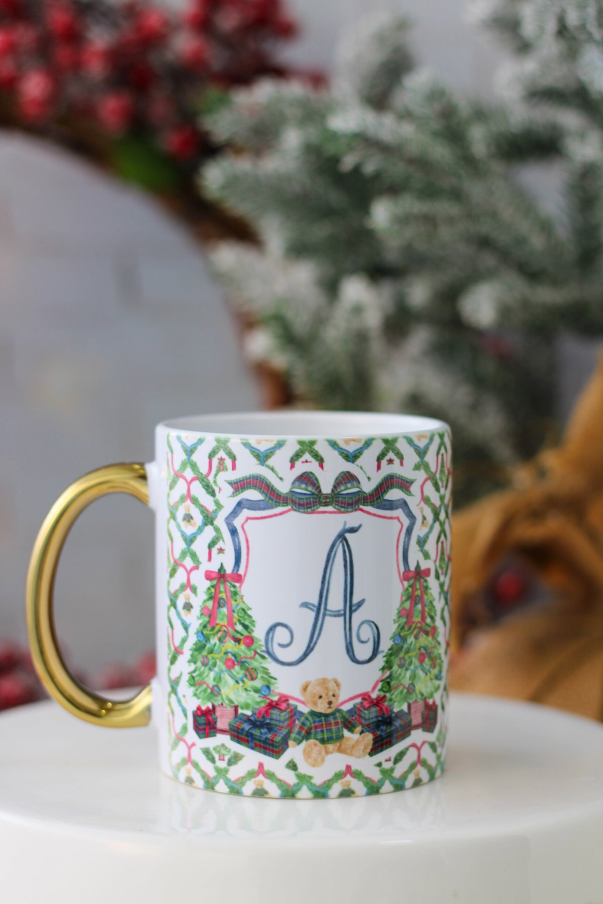 Mug Monograma Tartan Teddy con asa dorada - LL Studio