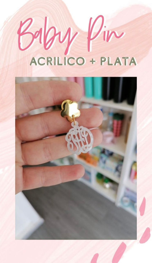 Baby Pin - Tope de Flor en Plata o Plata c/ Baño de Oro y Medalla Acrílica